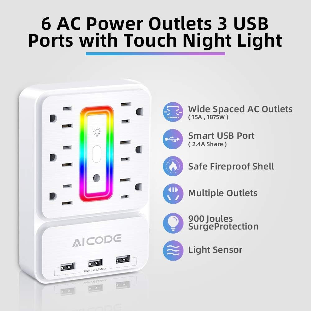 Multi Plug Outlet Extender, 6 Outlet Surge Outlet Protector with 3 USB Charger(3.2A Total),Wall Outlet Plug Electrical Outlet with 6 Ambient RGB Light , Plug Extender for Home,Office,Dorm,Hotel