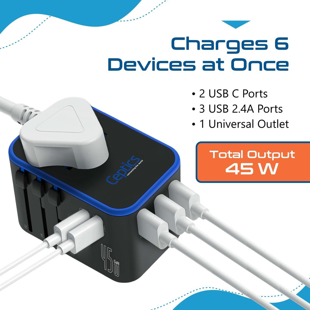 Universal Travel Adapter, 45W International Power Adapter with PD & QC 3.0 Dual USB-C, 3 USB Travel Adapter Worldwide, Type I C G a Outlets 110V 220V A/C - EU Euro US UK (11-KU)