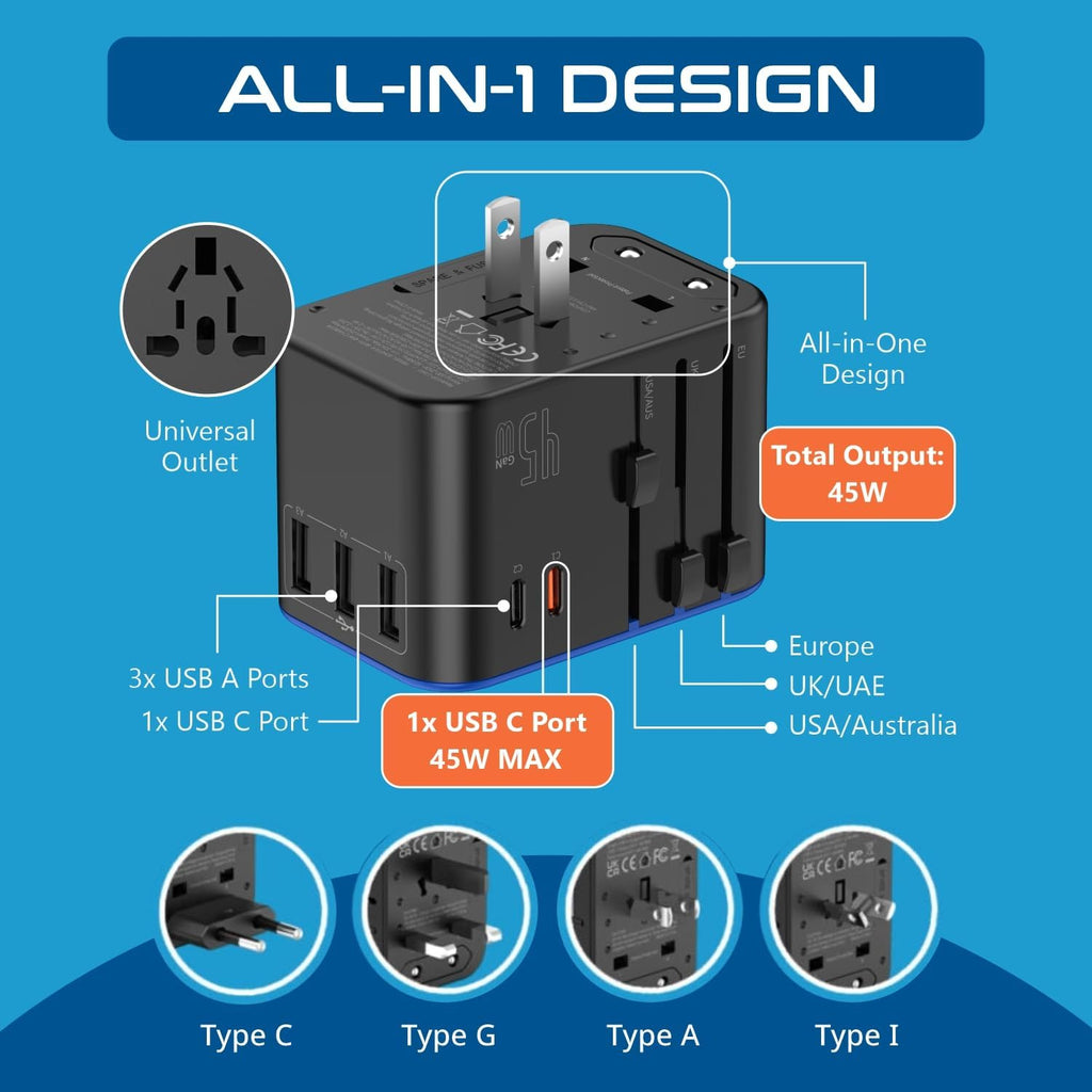 Universal Travel Adapter, 45W International Power Adapter with PD & QC 3.0 Dual USB-C, 3 USB Travel Adapter Worldwide, Type I C G a Outlets 110V 220V A/C - EU Euro US UK (11-KU)