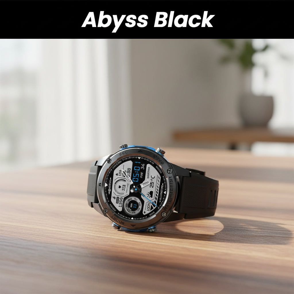 Black smartwatch with digital display on a white background, labeled 'Abyss Black'.